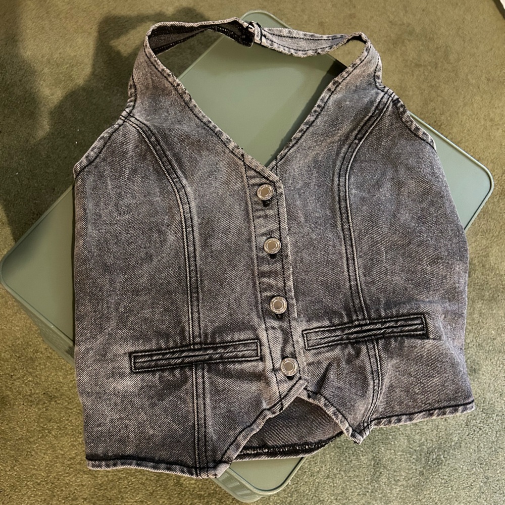 Whitewashed black halter style jean vest